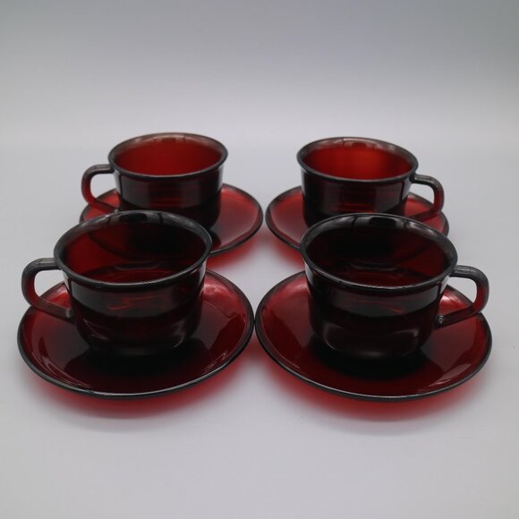 Vintage Circa 1970's Arcoroc Ruby Red Glass Coffee Tea Cup & Saucer Sets France - Picture 1 of 8